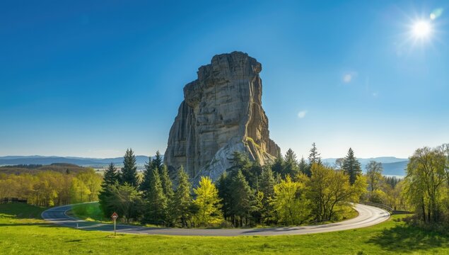 Zemska brana rock formation in the Pardubice Region, surrounded by forest and mountain scenery in spring, Nature preservation