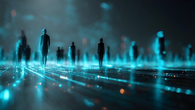 Holographic, digital figures walking through a futuristic digital landscape technology, innovation, and artificial intelligence data silhouette. Human matrix within a technological framework.