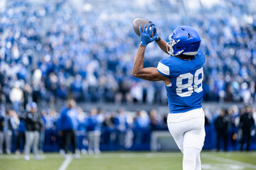 Live action photo of an American Football Player Catching a touchdown Pass in a large stadium at...