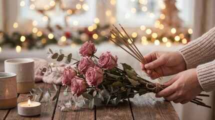 Hands holding a bouquet of dried pink roses and eucalyptus on a rustic wooden table with lit candles and festive lights in the background