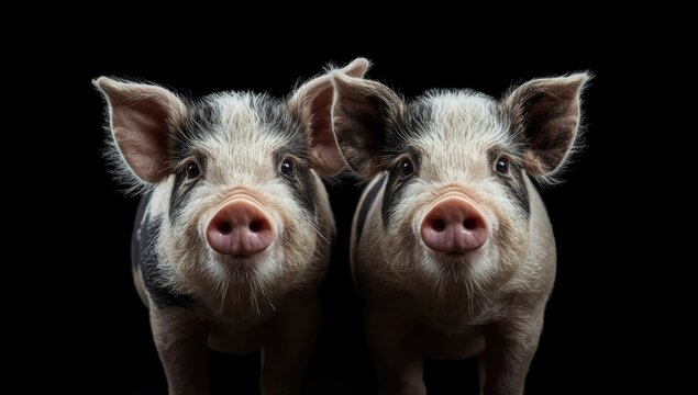 Pair of Kunekune pigs with curly hair on a dark backdrop, highlighting their breed characteristics for educational use