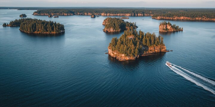 View from a motorboat on Lake Ladoga with rocky islands, watercraft operation and navigational focus