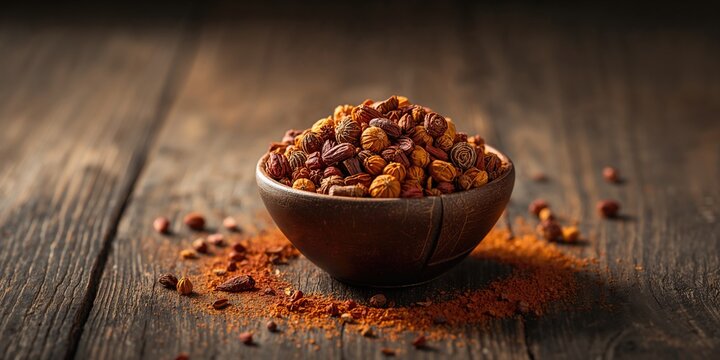 Close-up of mace or Javitri spice on aged wooden surface, used in culinary preparation