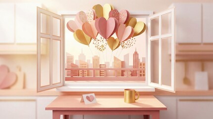 Heart-shaped balloons floating out an open window overlooking a city skyline with a cozy table setup