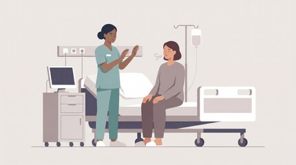 Nurse comforting patient in hospital bed with IV drip and medical equipment