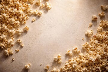 Detailed texture of light surface covered with scattered popcorn kernels and copy space