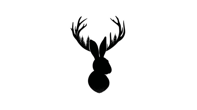 Fantasy antlered rabbit silhouette. Mythical creature with deer antlers and a bunny body, isolated on white background.