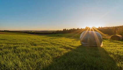 Blue hay bale wrapped in plastic on a rural field scene in Rattvik, Sweden, for crop preservation