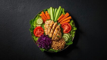 Healthy salad with chicken, tomatoes, cucumber, lettuce, carrot, celery, red cabbage and mung bean on dark background, suitable for dietary menu planning
