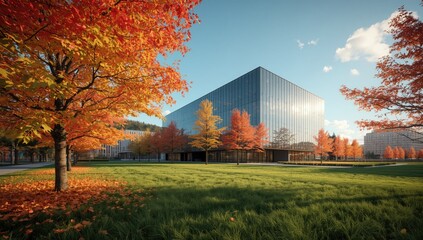 Modern architectural structures surrounded by autumn leaves in Tomamu, suitable for landscape preservation discussions