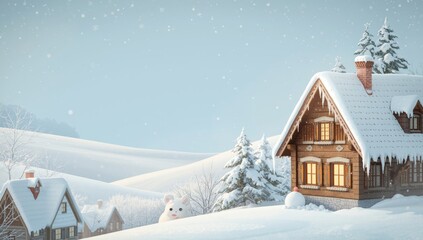 Fototapeta premium Snowy rooftops and icy surfaces with snowflakes, highlighting seasonal weather impacts, Winter Season