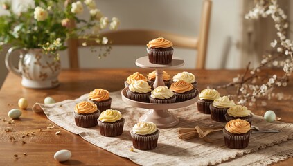 Decorative spring cupcakes topped with floral frosting, used as a festive dessert for seasonal events