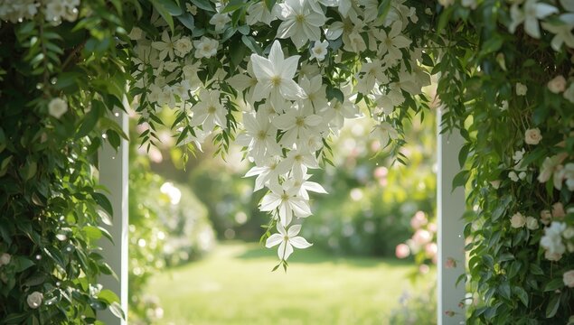 White clematis blossoms climbing on garden trellis, spring garden decoration