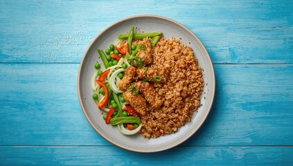 Spicy chicken and ginger dish paired with egg fried rice on a blue wooden table, highlighting meal composition, International Nutrition Day