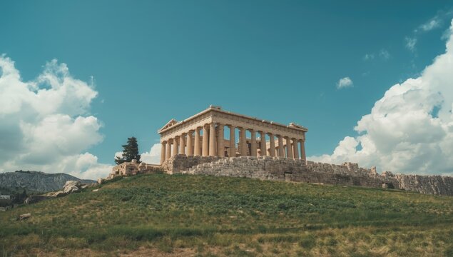 Ancient Greek Parthenon on a sunny day, showcasing historical monument in bright sunlight