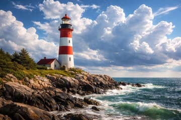 Fototapeta premium Bright daylight coastal scene featuring colorful lighthouse and animated cloudy sky