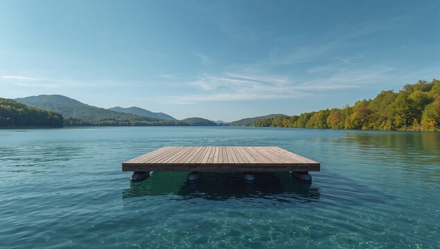 Wooden deck on floating pontoons in a lake setting, used for building a waterfront home, environmental preservation focus