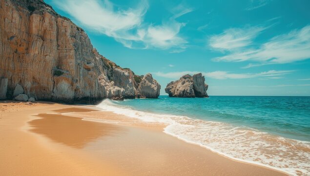 Seaside scene featuring rocks and sea at a beach with sky, highlighting summer travel and nature's beauty