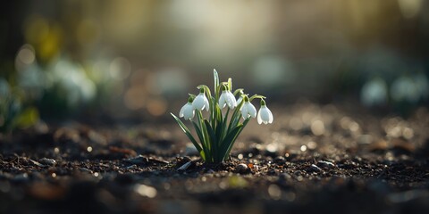 First snowdrops emerging amidst soil, seasonal transition, World Nature Day