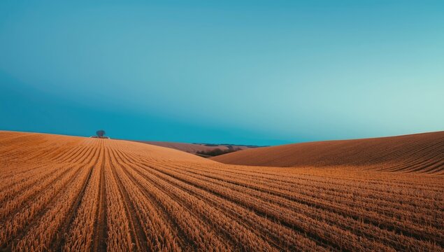 Agricultural landscape featuring a patchwork field and a blue sky gradient, rural scenery