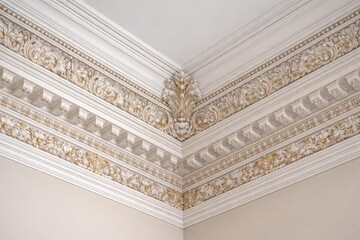 Ceiling corner featuring finely crafted and complex crown molding patterns
