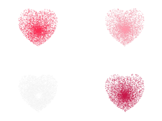 A vibrant collection of abstract heart shapes formed by scattered particles on transparent background