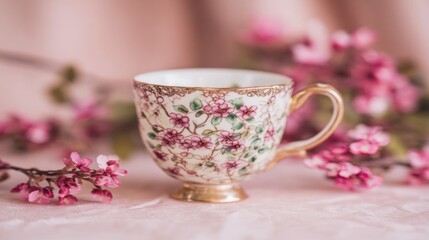 Delicate cup with floral design next to pink blossoms on soft background