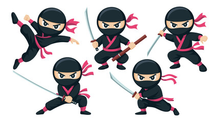 Five Cartoon Ninjas in Action Poses with Swords  ninja, cartoon, character, martial