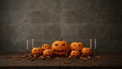 Decorative pumpkins, acorns, candles and autumn leaves arranged on table for Halloween, seasonal display