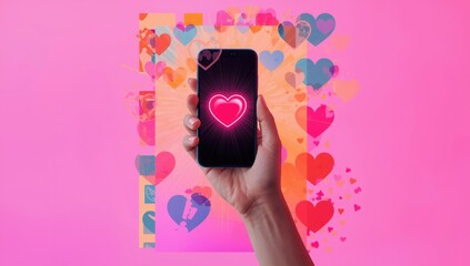 Hand gripping a smartphone in a heart gesture, social media strategy, vibrant digital collage, focused on follower interaction