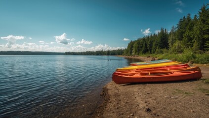 Fototapeta premium Brightly colored canoes on a beach by a freshwater lake, ideal for editorial header backgrounds