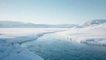 Snow-covered river during winter, illustrating natural seasonal changes, winter season