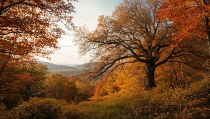 Woodland scene in fall with colorful leaves and expansive landscape, highlighting seasonal transformation