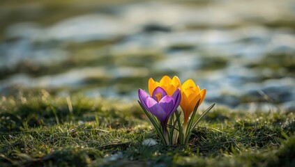 Isolated crocus flowers on grass with snow, suitable as spring-themed decorative background, seasonal change