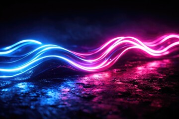 Glowing blue and pink neon wave motion pulsating against high contrast surface