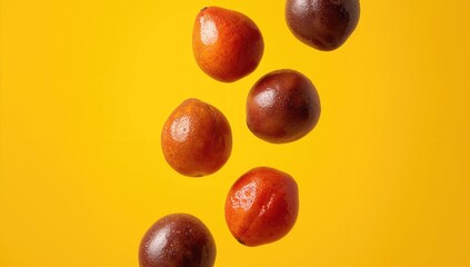 Raw passion fruit floating freely on a vibrant yellow background illustrating freshness, Food Safety Month