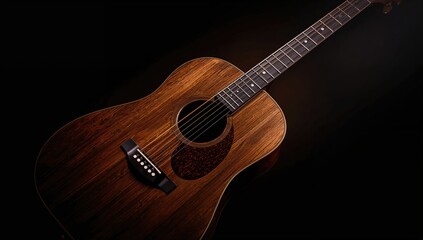 Fototapeta premium Close-up of an acoustic guitar fragment with dramatic lighting, suitable for music event layouts on World Music Day