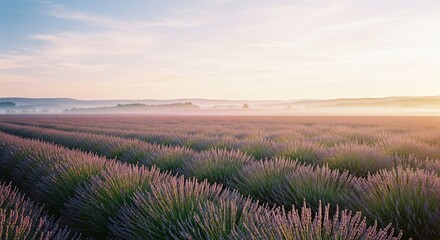 Fototapeta premium Lavender Field in Dawn: A breathtaking aerial view captures endless rows of lavender plants in full bloom, illuminated by the soft pastel hues of a morning sunrise.