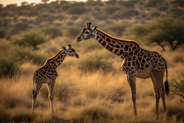 Fototapeta premium Two giraffes, an adult and a calf, stand in the warm, golden light of a savanna at sunset, with dry grass and acacia trees in the background