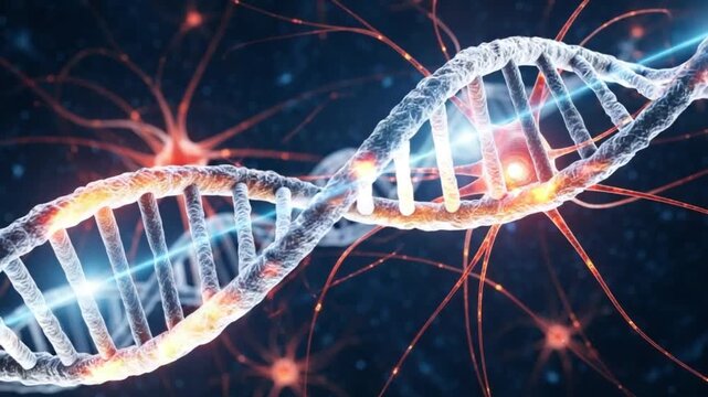Glowing dna double helix structure with neurons on dark background