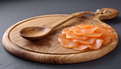 Sliced cured salmon rests on a wooden cutting board with a spoon.