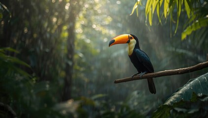 Obraz premium Keel-billed Toucan resting on a tree limb in the forest, highlighting seasonal migration patterns