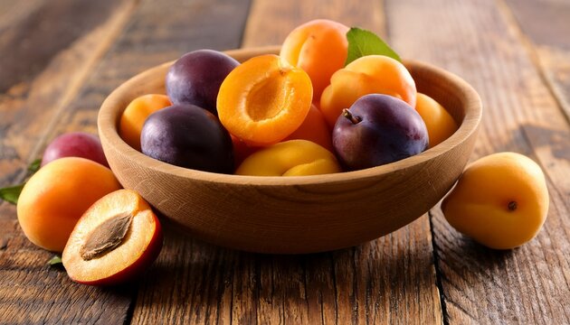 pluot mix of plum and apricot in wooden bowl