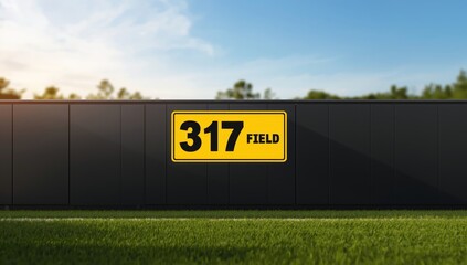 baseball outfield fence displaying a 317 foot distance marker in yellow and black, emphasizing field boundary markings