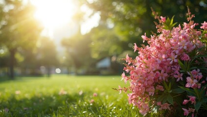 Cityscape with colorful summer flowers in bloom, suitable for editorial headers or design backgrounds, Earth Day