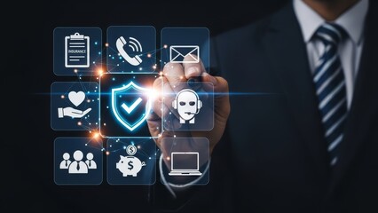 A businessman in a suit demonstrates futuristic digital icons related to technology security and communication.