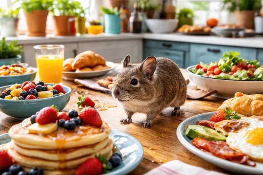 Energetic pet degu strolling on kitchen table filled with dishes in lively home