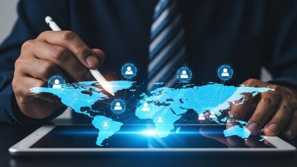 A businessman interacts with a digital world map displayed on a tablet screen during a meeting