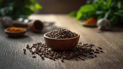 Asian dried spices including black pepper and Siam cardamom, essential ingredients in herbal remedies and Thai dishes, health-focused herbs