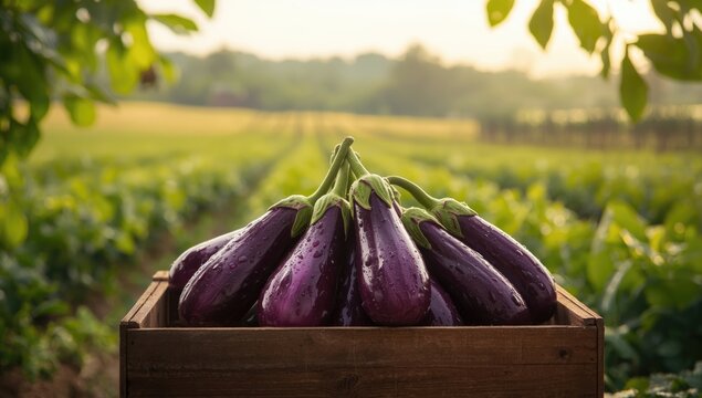 Farm scene with purple eggplant among crops, highlighting sustainable agriculture practices, Agriculture, crop management - Powered by Adobe